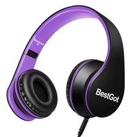 BestGot Headphones with Microphone for Girls Kids Adult in-line Volume Included Transport Bag Foldable Headset with 3.5mm Plug Removable Cord (Black/Purple)