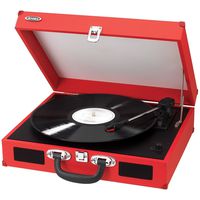 Jensen Portable 3-Speed Stereo Turntable with Built-In Speakers, Fully Automatic Return Tone Arm & Auxiliary Input Jack, USB Port with Cables, All Software Included, Red Finish