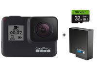 GoPro HERO7 Black Camera + Extra Rechargeable Battery + PNY Elite-X 32GB U3 microSDHC Card (Bundle) - Waterproof Digital Action Camera Touch Screen 4K HD Video 12MP Photos Live Streaming Stabilization
