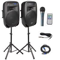 Knox Dual 15" Speakers, 600 Watt - 8 Piece Portable PA System - Microphone, Tripods, Remote Control - Bluetooth, USB, SD Card, RCA and 1/4" Inputs - Colorful LED Lights