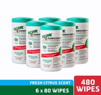 Monk Disinfecting Wipes, Large Lemon Breeze Fresh Scented Disinfectant Wipes, Value Pack Contains 6 Canisters of 80 Count, Perfect for Offices, Schools, Cycling, Kitchen, Yoga Mats and Other Surfaces