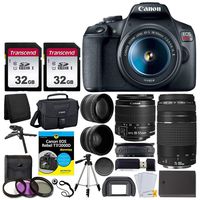 Canon EOS Rebel T7 Digital SLR Camera + EF-S 18-55mm is II Lens + EF 75-300mm III Lens + EOS Shoulder Bag 200ES + 2X 32GB Memory Card + 58mm Wide Angle & Telephoto Lens + Dummies Book + Extra Battery
