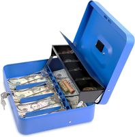 Cash Box with Key Lock - Steel Tiered Money Coin Tray with Lid Cover and Bill Slots | Portable Compact Safe | 4 Keys | Blue Metal Lockable Storage Box for Change, Petty Cash, Fundraiser, Garage Sale