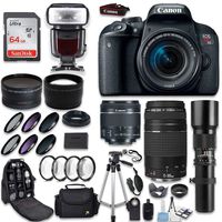 Canon EOS Rebel T7i DSLR Camera + Canon 18-55mm IS STM Lens + Canon 75-300mm Lens & 500mm f/8.0 Lens + 0.43 WideAngle Lens + 2.2 Telephoto Lens + Macro Close-ups + Accessories (Holiday Special Kit)