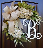 Hydrangea Monogram Initial Wreath with Choice of Bow and Cream Hydrangeas on Grapevine Base-Farmhouse Style Made in America