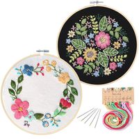 2 Pack Embroidery Starter Kit with Pattern, Kissbuty Full Range of Stamped Embroidery Kit Including Embroidery Cloth with Flower Pattern, Bamboo Embroidery Hoop, Color Threads Tools Kit (Floral Hoop)