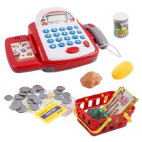 Vokodo Toy Cash Register With Functional Calculator Grocery Store Items Shopping Basket Scanner And Pretend Play Money Kids Supermarket Cashier Bank Great Gift For Preschool Children Boy Girl Toddlers