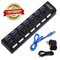Windyoung USB Hub, USB 3.0 Hub with Individual Power Switches and LEDs 7 Ports USB Hub, USB Hub 3.0 with Power Supply Adapter Extension Cord, USB Splitter 3.0 for Laptop Computer