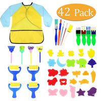 Kids Early Learning Sponge Painting Brushes Kit, 42 Pieces Sponge Drawing Shapes Paint Craft Brushes for Toddlers Assorted Pattern, Including Children Waterproof Art Painting Smock Apron