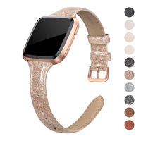 QusFy Genuine Leather Bands Compatible with Fitbit Versa 2 / Fitbit Versa Lite & SE/Fitbit Versa, Slim Thin Leather Band Replacement Strap for Versa Women (5.7" - 7.8"), Black, Champagne, Rose Gold