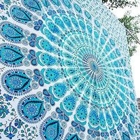 Bless International Indian Hippie Bohemian Psychedelic Peacock Mandala Wall Hanging Bedding Tapestry (Peacock Sky Blue, Queen(84x90Inches)(215x230Cms))