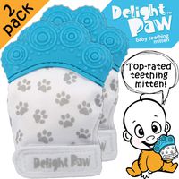 Delight Paw | Baby Teething Mitten 2 Pack | Mom Designed | Self Soothing Pain Relief | Hygienic Travel Bag | Mittens BPA Free | Like Munch Mitt | Baby Boy Baby Girl | Babies 3-12 Months | Bubbly Blue