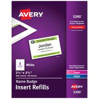 Avery Name Badge Inserts, Print or Write, 2-1/4" x 3-1/2", 400 Cardstock Refills (5390), White