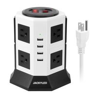 Surge Protector Power Strip Tower JACKYLED 8 AC Outlets 3000W 15A and 4 USB 8A Desktop Smart Universal Charging Station Multiple Protection Heavy Duty 6.5ft 14 AWG Extension Cord White and Black