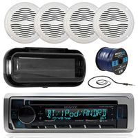 Kenwood Marine KMRD In-Dash Audio Bluetooth CD Player Receiver Bundle Combo w/ Waterproof Shield Cover, 4x 5 Marine Boat White Outdoor Speakers, Enrock Radio Antenna, 16-Gauge 50-Foot Speaker Wire