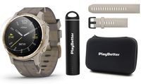 Garmin Fenix 6S Sapphire (Light Gold with Gray Leather Band) Power Bundle | Extra Quickfit Band, Screen Protectors, PlayBetter Portable Charger & Hard Case | 2019 | PulseOx, ClimbPro, PacePro & Music