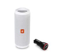 JBL Flip 4 Portable Bluetooth Wireless Speaker Bundle with Anker PowerDrive 2 2-Port USB Car Charger - White