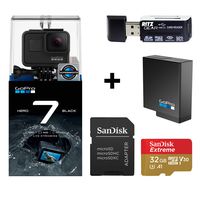 GoPro Hero 7 Black Edition Action Camera with Sandisk Extreme 32B MicroSD U3 Card, 1 Extra GoPro USA Battery and Ritz Gear Memory Card Reader