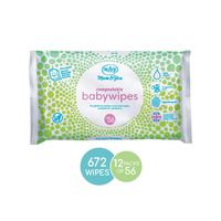 Mum & You Biodegradable and Compostable Plastic Free Baby Wet Wipes, 672 Count (12 Packs of 56) - 98% Water, 0% Plastic, Hypoallergenic & Dermatologically Tested