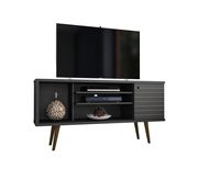 ModHaus Living Mid Century Modern TV Stand Media Cabinet with 5 Shelves 1 Door and Solid Wood Legs - Includes Pen (Black)