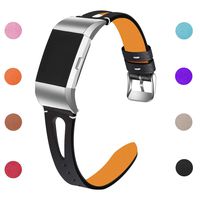 Hotodeal Replacement Leather Band Compatible for Charge 2, Classic Genuine Leather Wristband Metal Connector Watch Bands, Fitness Strap Women Men Small Large (Black- Hollow)