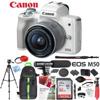 Canon EOS M50 Mirrorless Digital Camera White with EF-M 15-45mm is STM Lens Bundle with 32GB Memory Card, Dual Battery, Shotgun Mic, Backpack, Tripod and Accessories (12 Items)