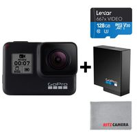 GoPro HERO7 Black Camera + Extra Rechargeable Battery + Lexar 128GB U3 microSDHC Card - Waterproof Digital Action Camera Touch Screen 4K HD Video 12MP Photos Live Streaming Stabilization