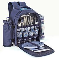 Flexzion Picnic Backpack Kit - Camping Bag Set for 4 Person with Cooler Compartment, Detachable Bottle/Wine Holder, Large Fleece Blanket, Plates and Flatware Cutlery for Family (Plaid Tartan - Blue)