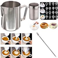 Buytra Stainless Steel Milk Frothing Pitcher 12 oz Coffee Chocolate Shaker Duster Icing Sugar Powder Cocoa Flour Sifter 16 Pieces Cappuccino Barista Coffee Art Stencils Pen