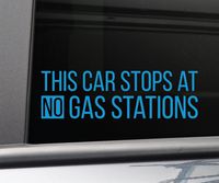 This Car Stops at No Gas Stations Electric Car Vinyl Decal Laptop Car Truck Bumper Window Sticker, 8" x 2.5", Blue