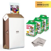 Fujifilm Instax Share Smartphone Printer SP2 (Gold) + Fuji Instax Mini Twin Pack Instant Film (60 Sheets) + Microfiber Cleaning Cloth - Mega Value Instant Printer Bundle