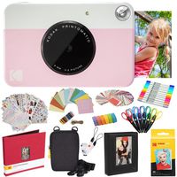 Kodak Printomatic Instant Camera (Pink) All-in-Bundle + Zink Paper (20 Sheets) + Deluxe Case + Photo Album + 7 Unique Sticker Sets + Markers + Scissors + Border Stickers and So Much More