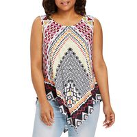 Womens Plus Size L-5XL Tops Blouse Loose Casual Bohemian Print Tank Irregularity Hemline O-Neck Sleeveless Shirts (L)