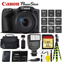 Canon PowerShot SX420 is Digital Point and Shoot 20MP Camera + Extra Battery + Digital Flash + Camera Case + 32GB Class 10 Memory Card - International Version