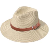 Lanzom Women Wide Brim Straw Panama Roll up Hat Fedora Beach Sun Hat UPF50+ (X Buckle Belt-Khaki)