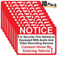 10 Pack Notice Vehicle is Equipped with Audio and Video Recording Devices Consent by Entering Sticker - Self Adhesive 2½ X 3½" 4 Mil Vinyl Decal - Indoor & Outdoor Use - UV Protected & Waterproof