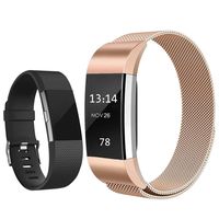 Replacement Bands Compatible for Fitbit Charge 2, Stainless Steel Metal Magnetic Strap and Extra Silicone Replacement Bands (Rose Gold + Black Small)