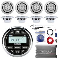 Kicker KMC2 Marine Gauge Style AM/FM Stereo Receiver Bundle Combo With 8x Kenwood 6.5-Inch 100 Watt Speaker + Compact 400-Watt Amplifier W/ Wiring Kit + Enrock Radio Antenna + 50 Feet 14g Wire