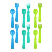 Re-Play Made in USA 12pk Toddler Feeding Utensils Spoon and Fork Set for Easy Baby, Toddler, Child Feeding - Sky Blue, Aqua, Lime Green (Under The Sea) 6 Spoons/6 Forks