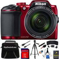 Nikon COOLPIX B500 16MP 40x Optical Zoom Digital Camera 16GB Bundle includes Camera, Bag, 16GB Memory Card, Reader, Wallet, AA Batteries + Charger, USB Cable, Tripod, DigiDeals4Less Cloth & MORE (Red)