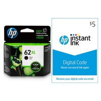 HP 62XL Ink | 1 Black Ink Cartridge | Plus $5 Instant Ink Prepaid Code