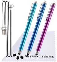 3pcs Stylus Pen 5.5" with Replaceable Thin-Tip - Universal Capacitive High Precision Styli + Replacement Tips, Elastic Lanyards + Cleaning Cloth, by The Friendly Swede (Aqua Blue/Dark Blue/Purple)