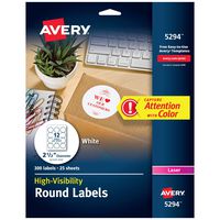 Avery High Visibility 2.5" Round Labels with Sure Feed for Laser Printers, 300 White Labels (5294)