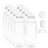 16 oz Empty Juice Bottles - Set of 10 Reusable Clear Plastic Disposable Milk Containers with White Tamper Evantend Caps