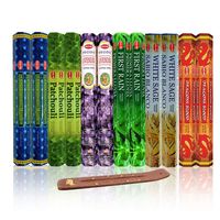 Six Most Popular HEM Incense Scents With Free Burner - Each of Dragon's Blood, Frankincense & Myrrh, Patchouli, Precious Lavender, First Rain, and White Sage (240 Sticks)