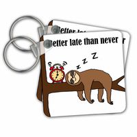 3dRose Funny Cute Sloth Sleeping Says Better Late Than Never - Key Chains, 2.25" x 2.25", Set of 2 (kc_252604_1)