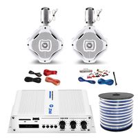 Pyle PFMRA350BW 2-Channel Bridgeable 200 Watts RMS Marine Amplifier, 2X Lanzar AQWB65W 6.5-Inch 2-Way 500 Watt Wake Board Tower Speakers - White, Pyle 8 Gauge Amp Install Kit, Enrock 18g Speaker Wire