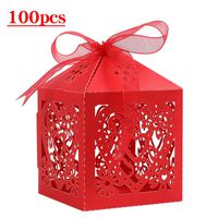Lucky Monet 25/50/100PCS Love Heart Laser Cut Wedding Candy Gift Box Chocolate Box for Wedding Favor Birthday Party Bridal Shower with Ribbon (100pcs, Red)