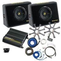 Kicker Bass package - Two 10" CompS in ported truck boxes with CX600.1 amplifier, wiring kit, grilles, and bass knob.
