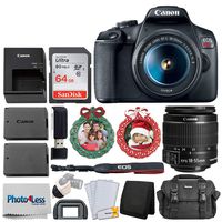 Canon EOS Rebel T7 Digital SLR Camera + EF-S 18-55mm f/3.5-5.6 is II Lens + 64GB Memory Card + Extra Battery + Wreath Holiday Photo Ornament Green and Red + Case + Card Reader - Full Accessory Bundle